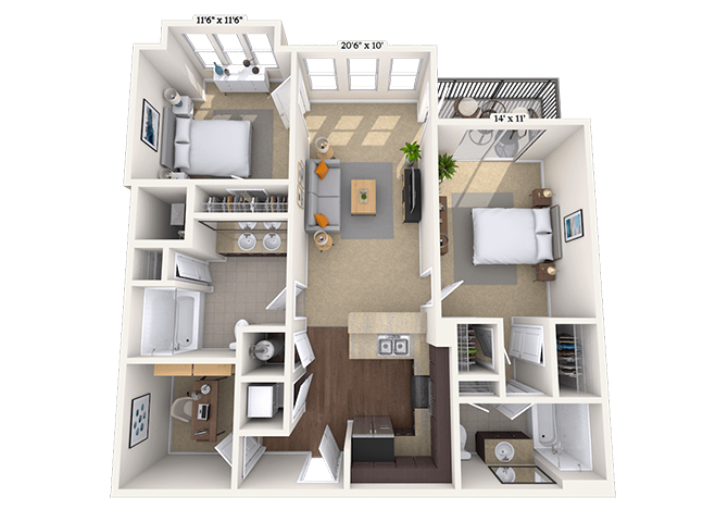 Floor plan for 2 beds, 2 baths, 1015 sqft