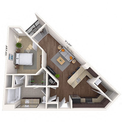 Floor plan for 1 bed, 1 bath, 736 sqft
