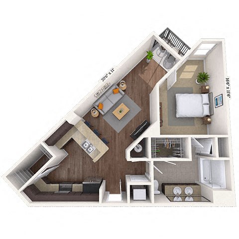 Floor plan for 1 bed, 1 bath, 755 sqft