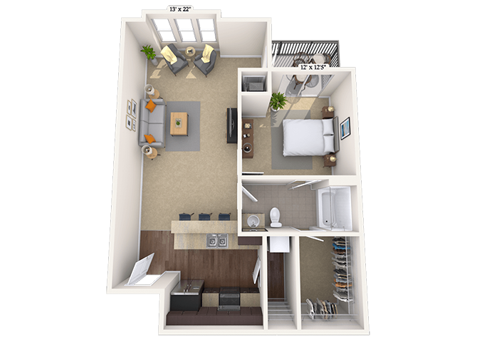 Floor plan for 1 bed, 1 bath, 846 sqft