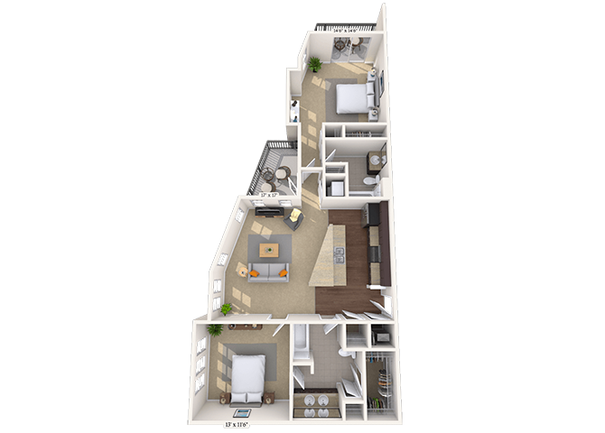 Floor plan for 2 beds, 2 baths, 1157 sqft