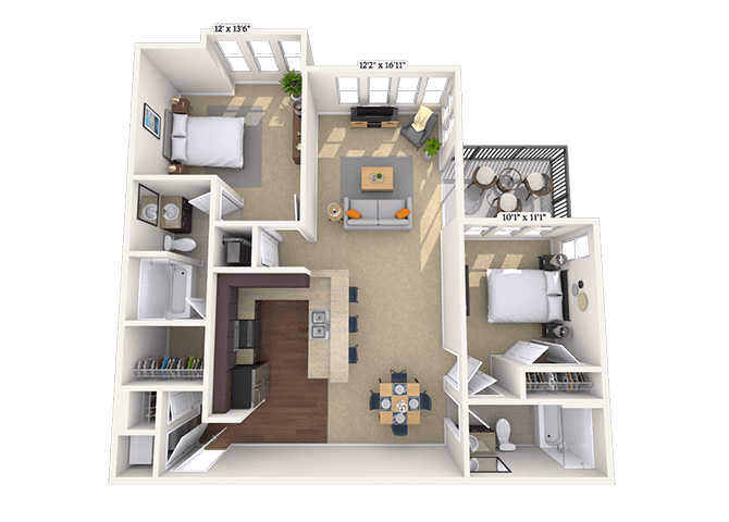 Floor plan for 2 beds, 2 baths, 1136 sqft