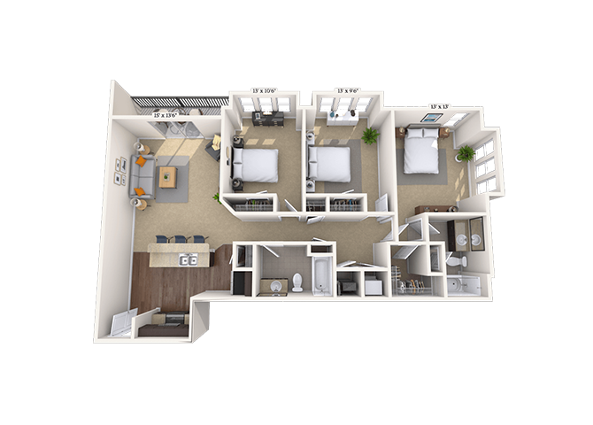 Floor plan for 3 beds, 2 baths, 1266 sqft
