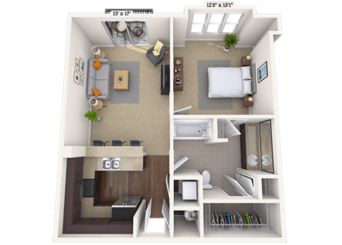 Floor plan for 1 bed, 1 bath, 765 sqft