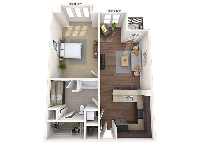 Floor plan for 1 bed, 1 bath, 895 sqft