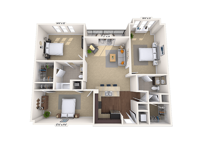 Floor plan for 2 beds, 2 baths, 1338 sqft