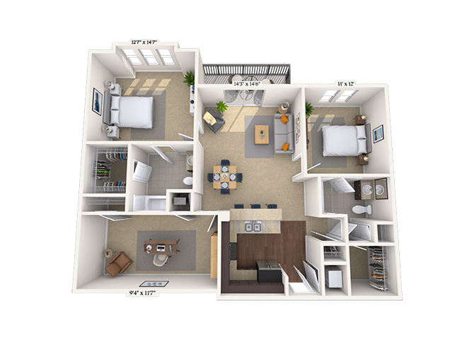 Floor plan for 2 beds, 2 baths, 1246 sqft