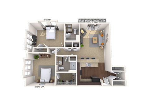 Floor plan for 2 beds, 2 baths, 1114 sqft