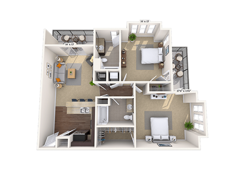 Floor plan for 2 beds, 2 baths, 1145 sqft
