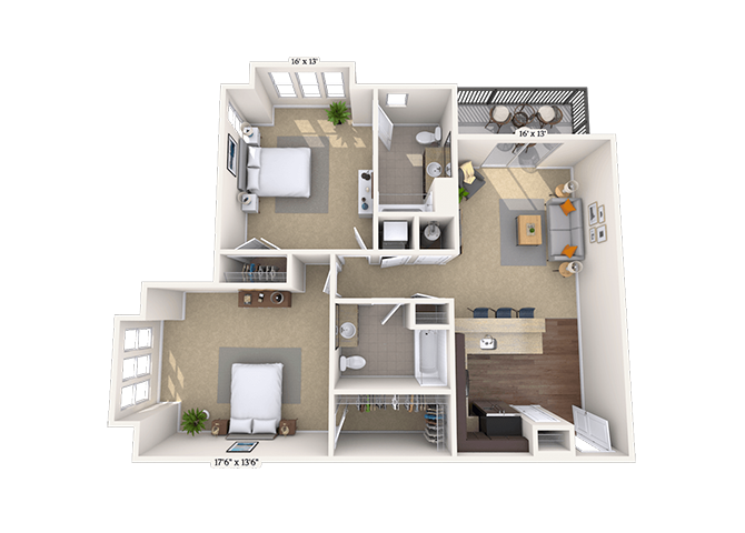 Floor plan for 2 beds, 2 baths, 1130 sqft