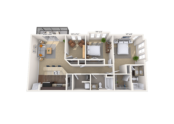 Floor plan for 2 beds, 2 baths, 1094 sqft