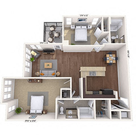Floor plan for 2 beds, 2 baths, 1303 sqft
