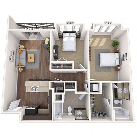 Floor plan for 2 beds, 2 baths, 1093 sqft
