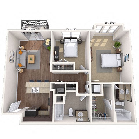 Floor plan for 2 beds, 2 baths, 1067 sqft