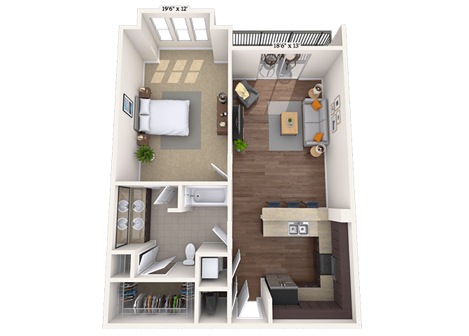 Floor plan for 1 bed, 1 bath, 852 sqft