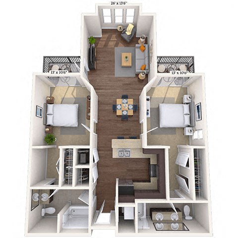 Floor plan for 2 beds, 2 baths, 1093 sqft