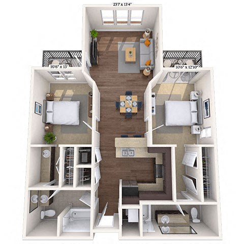 Floor plan for 2 beds, 2 baths, 1076 sqft