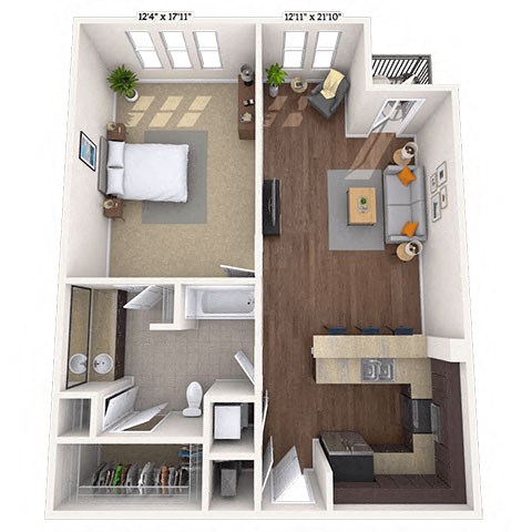 Floor plan for 1 bed, 1 bath, 849 sqft