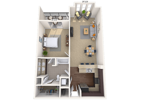 Floor plan for 1 bed, 1 bath, 893 sqft