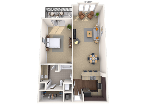 Floor plan for 1 bed, 1 bath, 994 sqft