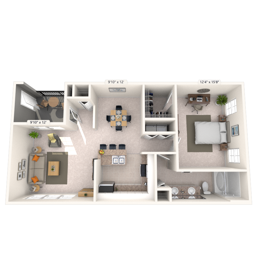 Floor plan for 1 bed, 1 bath, 856 sqft
