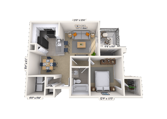 Floor plan for 1 bed, 1 bath, 738 sqft