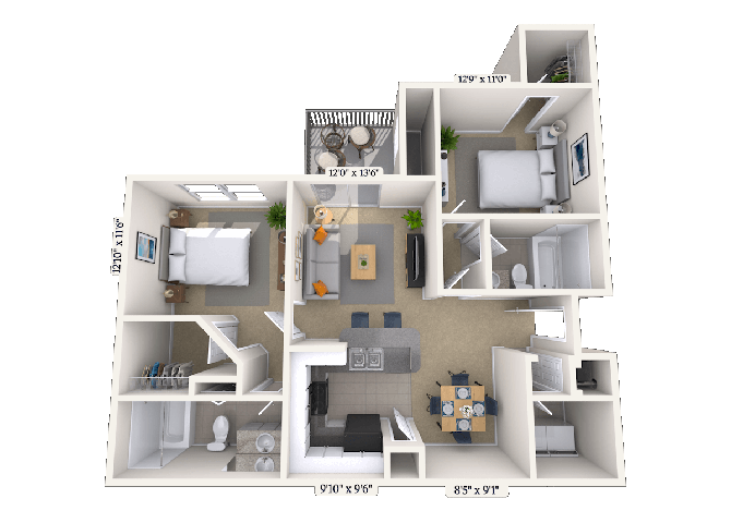Floor plan for 2 beds, 2 baths, 1054 sqft