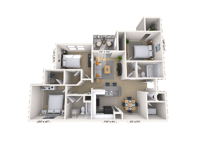 Floor plan for 3 beds, 2 baths, 1350 sqft