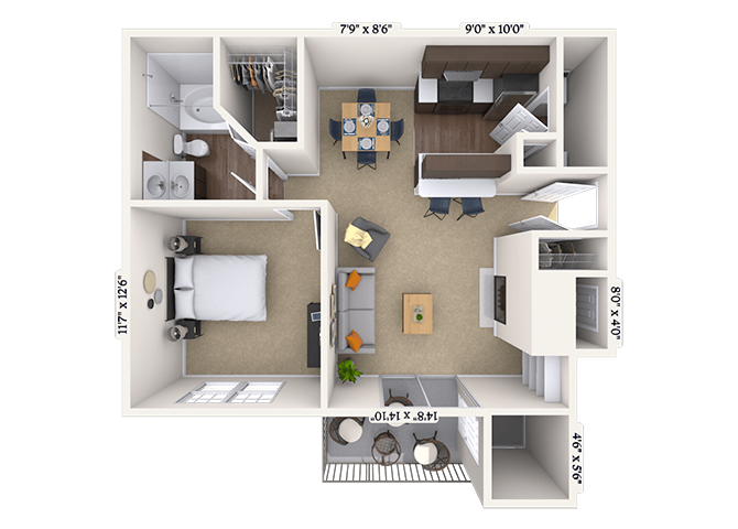 Floor plan for 1 bed, 1 bath, 696 sqft