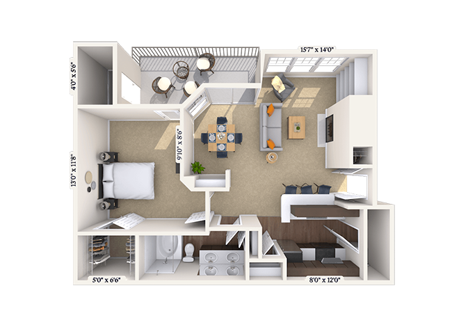 Floor plan for 1 bed, 1 bath, 785 sqft