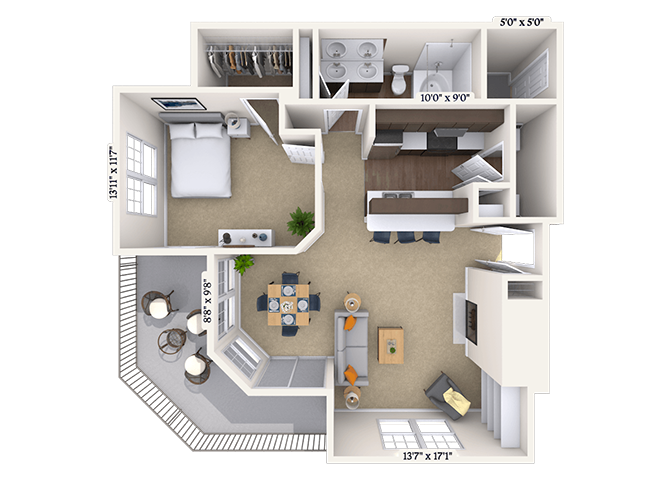 Floor plan for 1 bed, 1 bath, 781 sqft