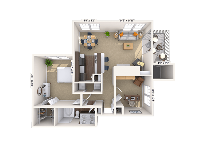 Floor plan for 1 bed, 1 bath, 912 sqft