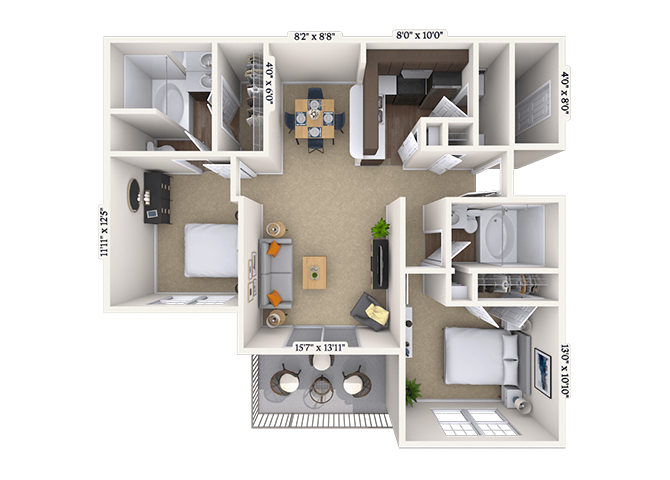 Floor plan for 2 beds, 2 baths, 991 sqft