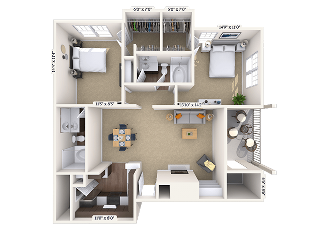 Floor plan for 2 beds, 2 baths, 1076 sqft