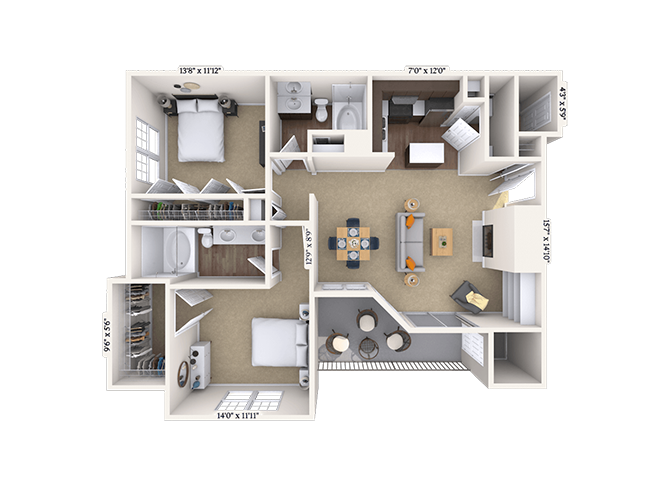 Floor plan for 2 beds, 2 baths, 1163 sqft