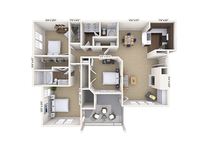 Floor plan for 3 beds, 2 baths, 1362 sqft