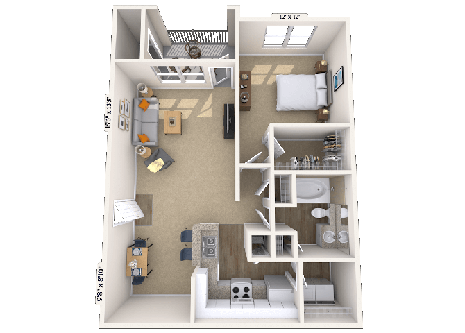 Floor plan for 1 bed, 1 bath, 783 sqft