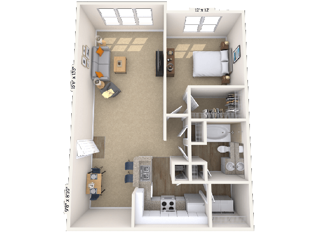 Floor plan for 1 bed, 1 bath, 863 sqft