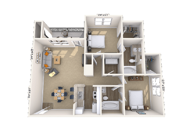 Floor plan for 2 beds, 2 baths, 1018 sqft