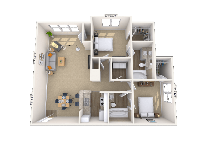 Floor plan for 2 beds, 2 baths, 1108 sqft