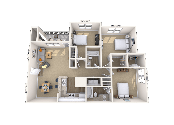 Floor plan for 3 beds, 2 baths, 1203 sqft