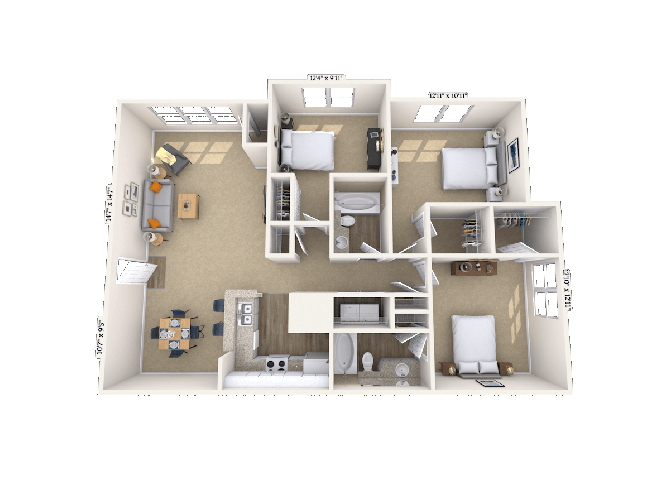 Floor plan for 3 beds, 2 baths, 1293 sqft