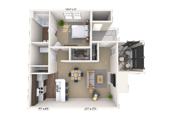 Floor plan for 1 bed, 1 bath, 789 sqft