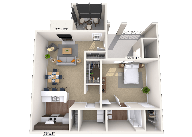 Floor plan for 1 bed, 1 bath, 941 sqft