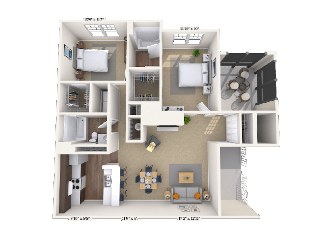 Floor plan for 2 beds, 2 baths, 1049 sqft