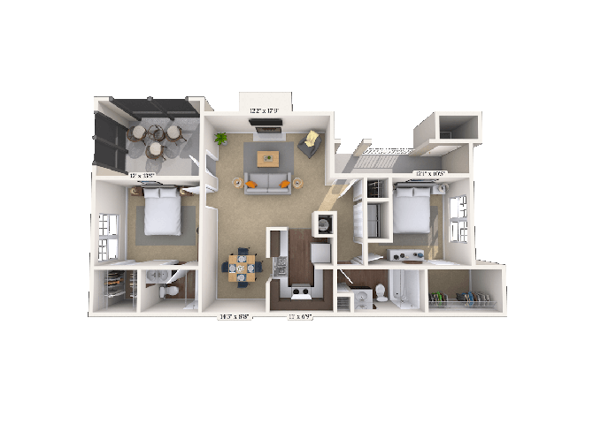 Floor plan for 2 beds, 2 baths, 1206 sqft