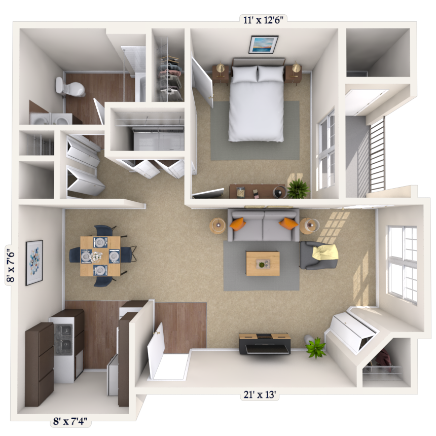 Floor plan for 1 bed, 1 bath, 805 sqft