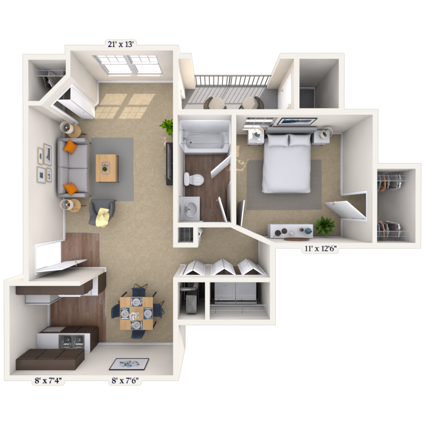 Floor plan for 1 bed, 1 bath, 840 sqft