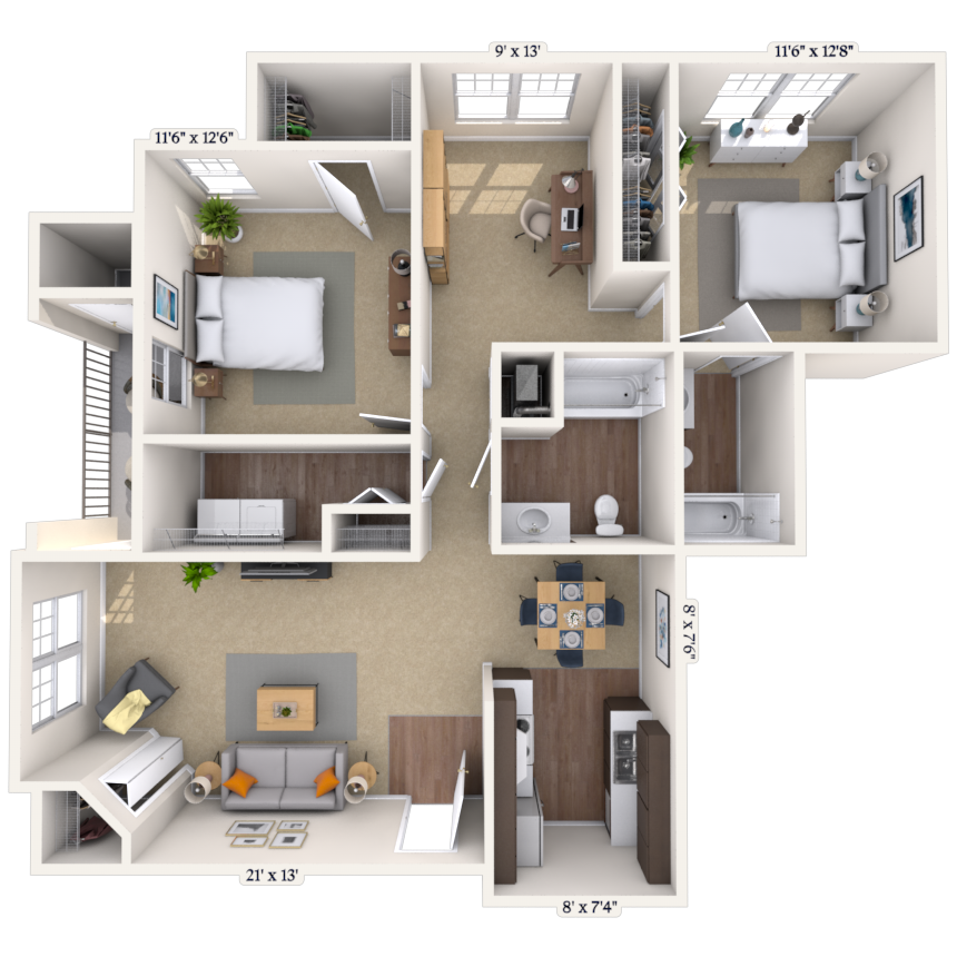 Floor plan for 2 beds, 2 baths, 1140 sqft