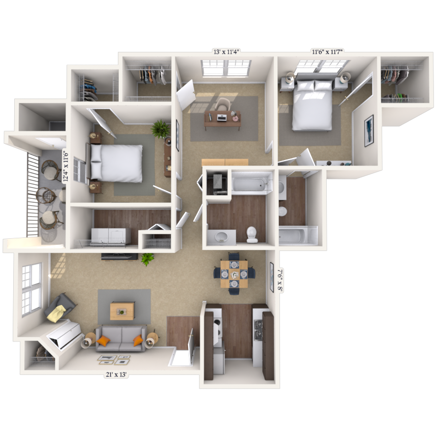 Floor plan for 2 beds, 2 baths, 1446 sqft